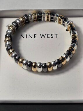 NINE WEST Women's Stretch Bangle Bracelet Silver, Gold &Hematite Metal Beads